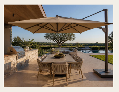 Área gourmet externa com bancada, mesa, lounge e ombrelones próximos à piscina