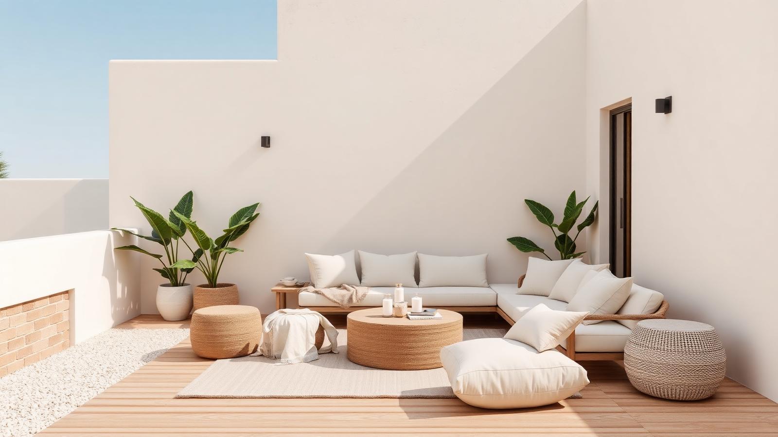 Terraço externo em paleta neutra com madeira, fibras naturais e vegetação